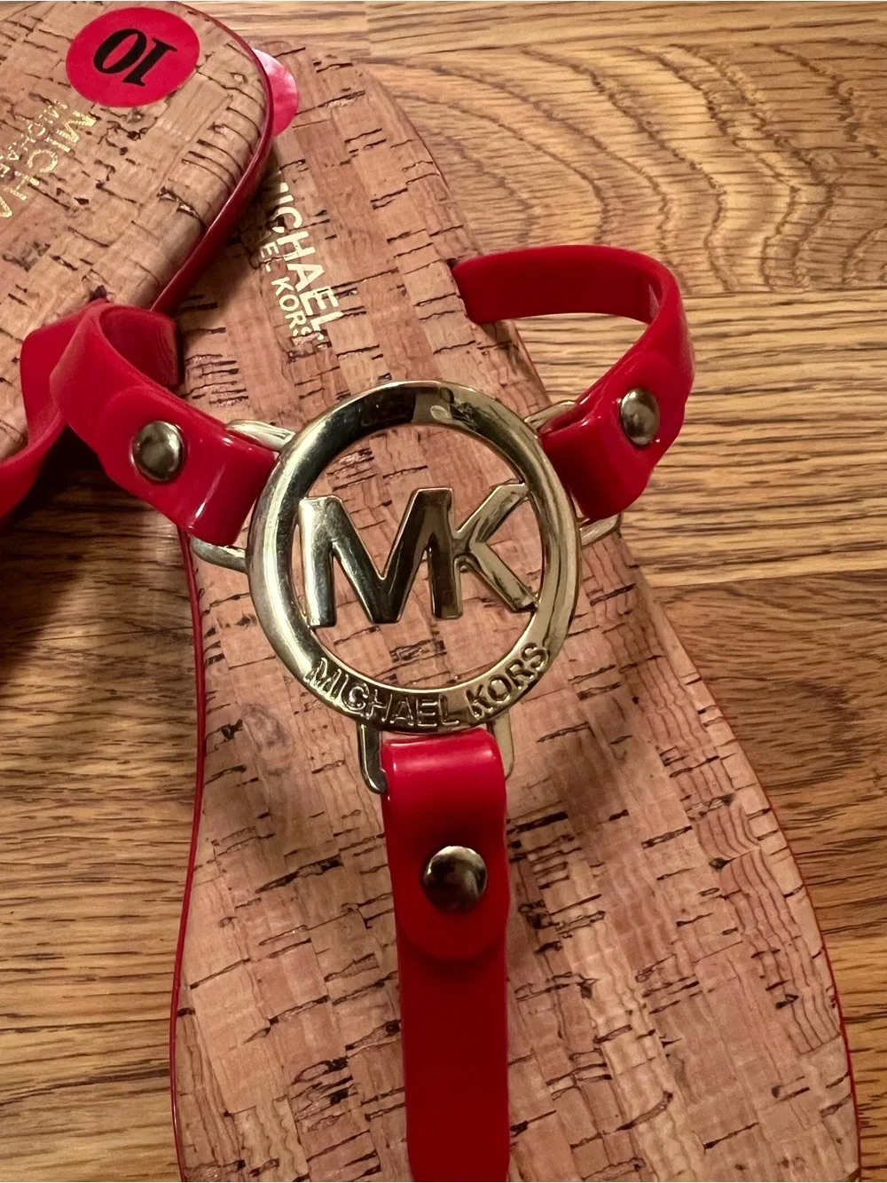Michael Kors Red Logo Charm Jelly T-Strap Cork Sandals/Flip Flops.